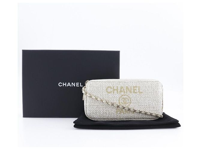 Chanel Borsa a spalla in tweed Deauville con catena A84415 Bianco - vista 18