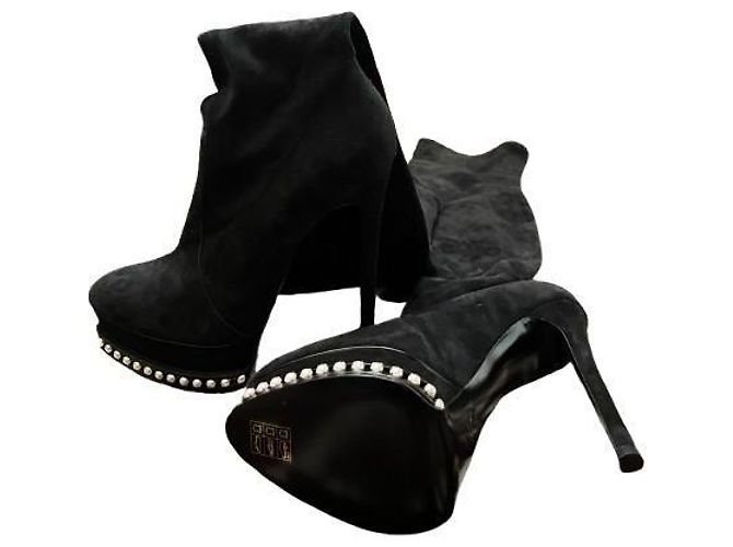 Botas Cano Altas Casadei Pretas de Couro e Camurça Preto - vista 3