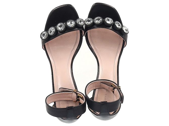 Céline Sandales à talons avec bride de cheville en cuir noir ornées de cristaux Celine - vue 3