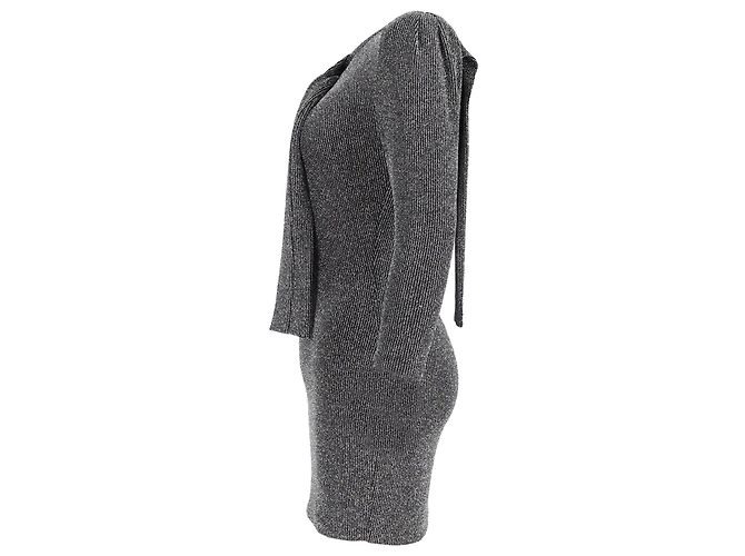Iro Perk Strick Mini Kleid mit Schlipskragen und langen Ärmeln aus metallischem Silbernylon - Ansicht 2