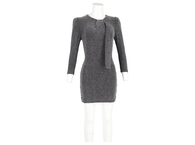 Iro Perk Strick Mini Kleid mit Schlipskragen und langen Ärmeln aus metallischem Silbernylon - Ansicht 4