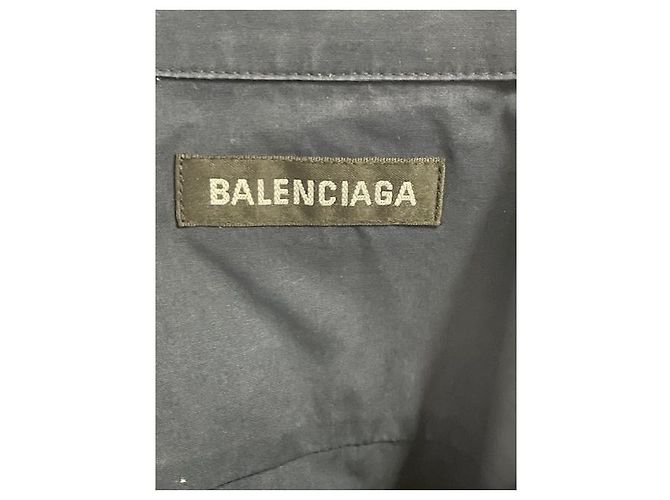 Camicia in cotone blu navy con ricamo B e stampa logo Balenciaga - vista 10