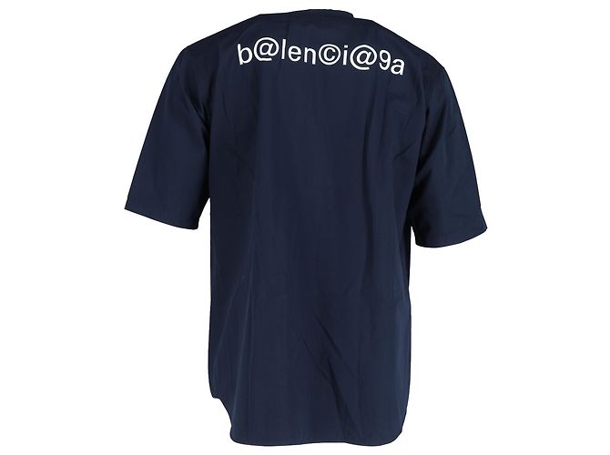 Camicia in cotone blu navy con ricamo B e stampa logo Balenciaga - vista 3