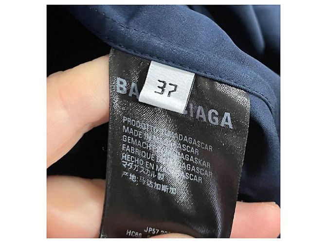 Camicia in cotone blu navy con ricamo B e stampa logo Balenciaga - vista 4