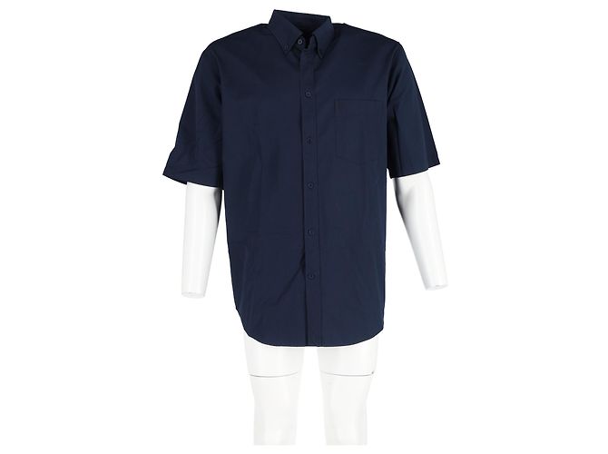 Camicia in cotone blu navy con ricamo B e stampa logo Balenciaga - vista 6