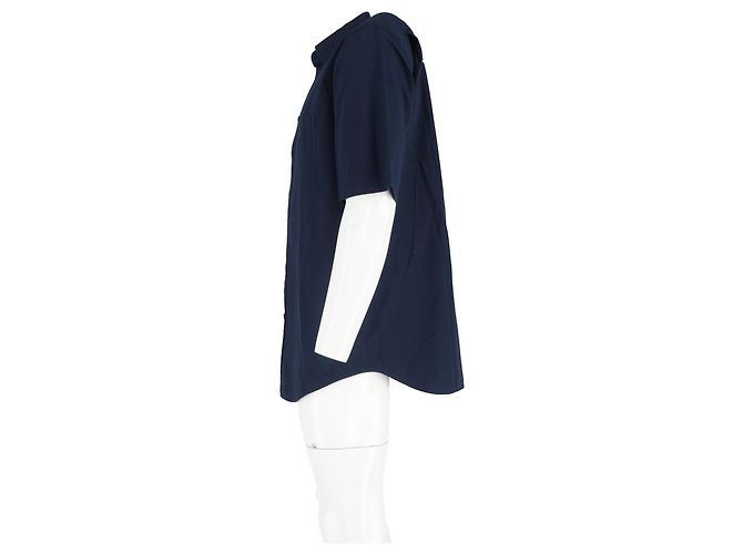 Camicia in cotone blu navy con ricamo B e stampa logo Balenciaga - vista 7