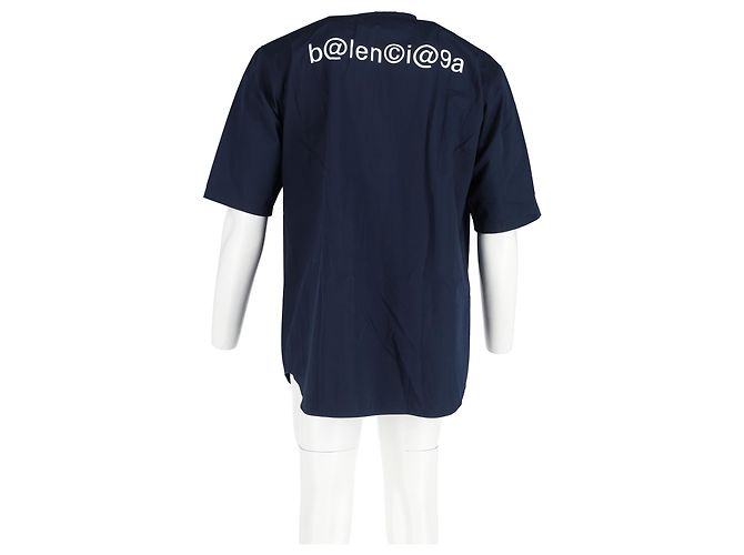 Camicia in cotone blu navy con ricamo B e stampa logo Balenciaga - vista 8