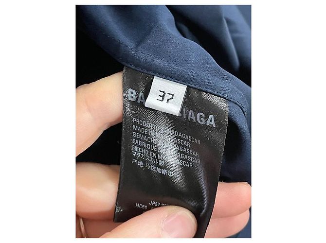Camicia in cotone blu navy con ricamo B e stampa logo Balenciaga - vista 9