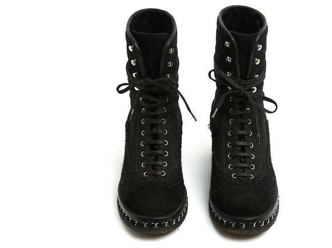 Stivaletti Chanel EU39 Nero Lana Tweed e Catena Combat Shoes Boots UK6 US8.5 - vista 2