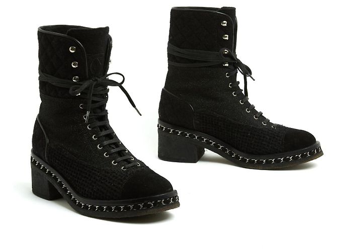 Stivaletti Chanel EU39 Nero Lana Tweed e Catena Combat Shoes Boots UK6 US8.5 - vista 3