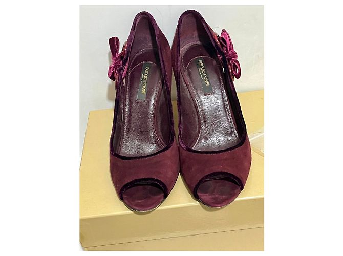 Sergio Rossi Scarpe peep toe in velluto borgogna con bordino in velluto e fiocco Bordò Porpora - vista 2