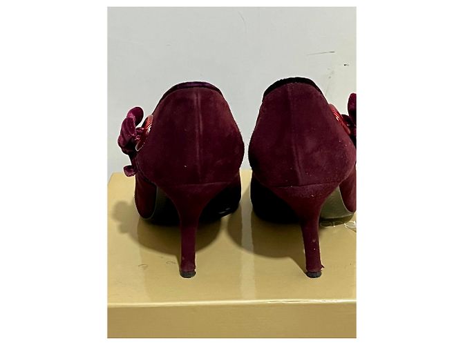 Sergio Rossi Scarpe peep toe in velluto borgogna con bordino in velluto e fiocco Bordò Porpora - vista 3