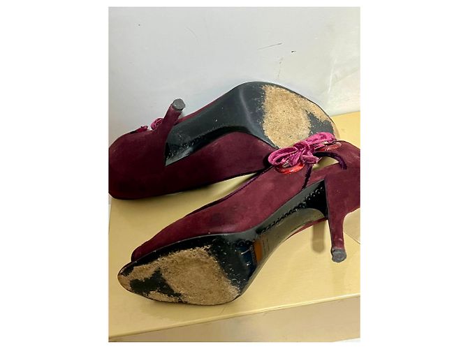 Sergio Rossi Scarpe peep toe in velluto borgogna con bordino in velluto e fiocco Bordò Porpora - vista 5