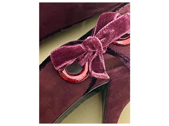 Sergio Rossi Scarpe peep toe in velluto borgogna con bordino in velluto e fiocco Bordò Porpora - vista 7