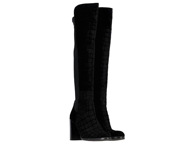 Botas de tacón alto de terciopelo negro con estampado de cocodrilo de Stuart Weitzman, hasta la rodilla - vista 3