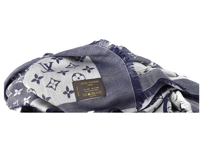 Sciarpa in denim Monogram Louis Vuitton in misto seta e lana blu - vista 3