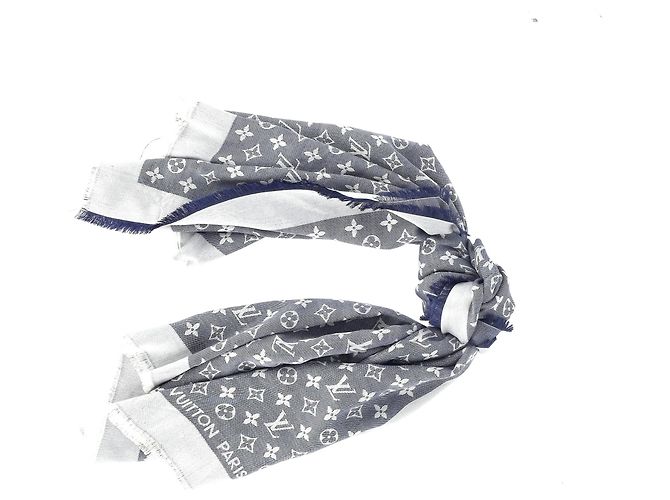 Sciarpa in denim Monogram Louis Vuitton in misto seta e lana blu - vista 5