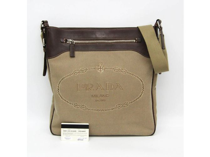 Borsa a spalla in pelle e jacquard Prada VA0649 Beige Marrone scuro - vista 4
