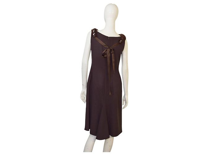 Vestido Blumarine marrom de lã com detalhes de pele e pérolas - vista 2