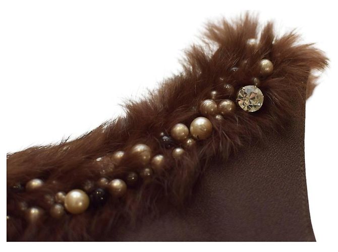 Vestido Blumarine marrom de lã com detalhes de pele e pérolas - vista 6