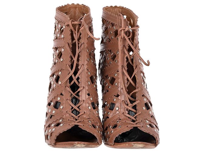 Braune Leder-Stiefeletten mit Schnürung und Laserschnitt Alaïa - Ansicht 3