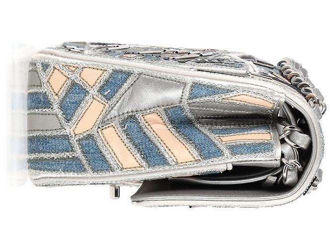 Timeless Chanel Medium Classic Patchwork Double Flap Schultertasche aus mehrfarbigem Denim Grau - Ansicht 10