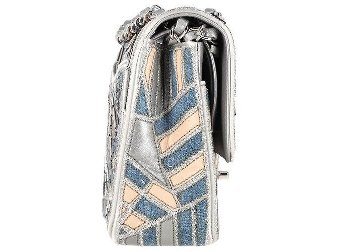 Timeless Chanel Medium Classic Patchwork Double Flap Schultertasche aus mehrfarbigem Denim Grau - Ansicht 2