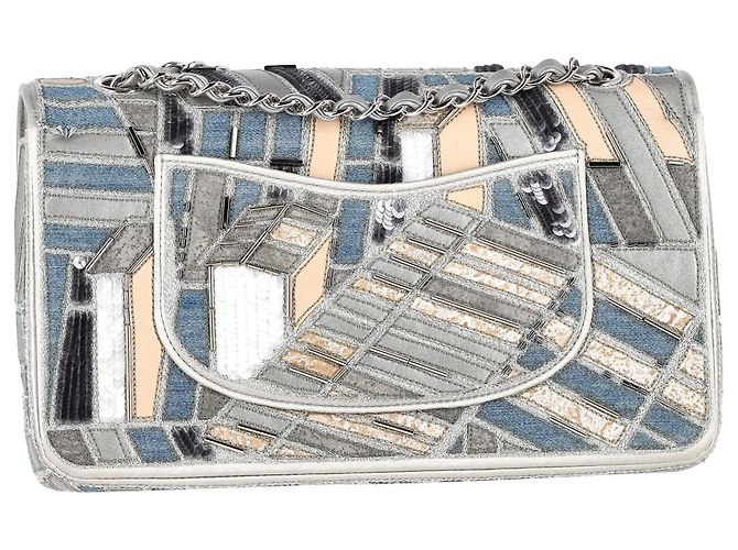 Timeless Chanel Medium Classic Patchwork Double Flap Schultertasche aus mehrfarbigem Denim Grau - Ansicht 3