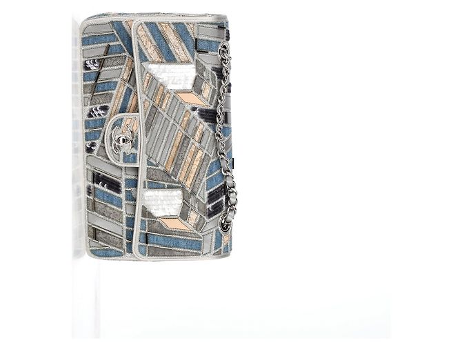 Timeless Chanel Medium Classic Patchwork Double Flap Schultertasche aus mehrfarbigem Denim Grau - Ansicht 9