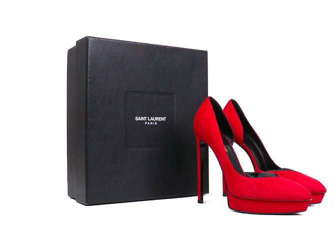 SAINT LAURENT - Décolleté in camoscio rosso Saint Laurent Kid Scamosciato (T39) - vista 7