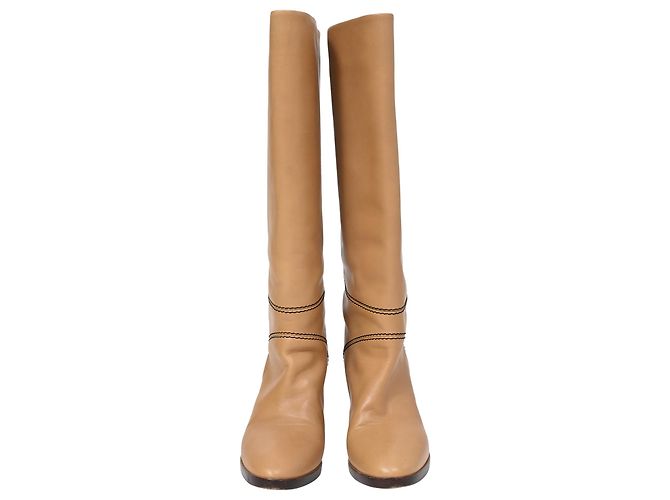 Chloé Knee-High Riding Heeled Boots in Brown Leather - view 2