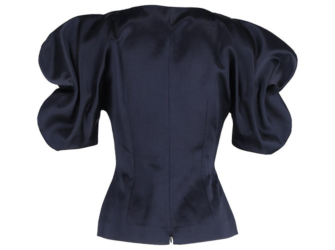 Blusa in satin blu navy con maniche a sbuffo e scollo a V di Jacquemus - vista 3