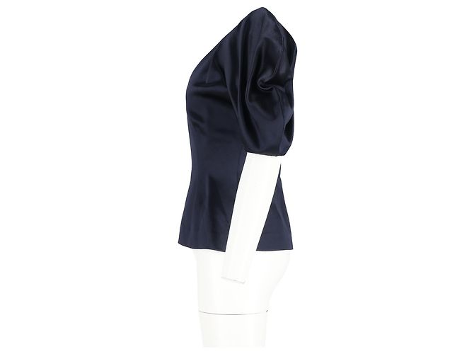 Blusa in satin blu navy con maniche a sbuffo e scollo a V di Jacquemus - vista 5