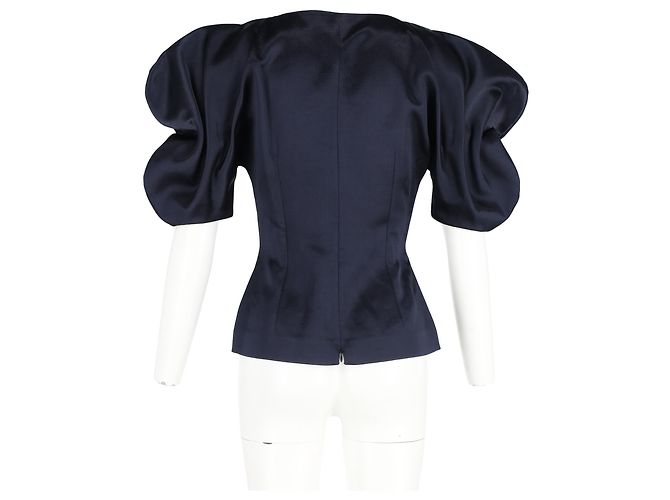 Blusa in satin blu navy con maniche a sbuffo e scollo a V di Jacquemus - vista 6