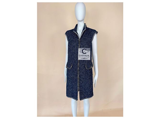 Chanel Nuevo chaleco de tweed iridiscente con botones CC Azul marino - vista 3