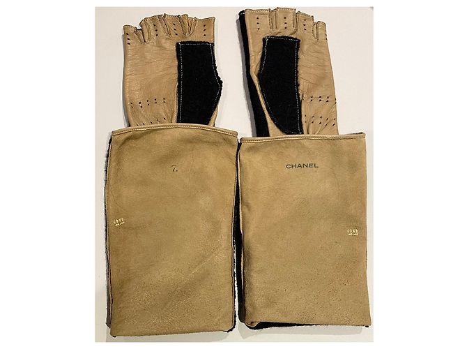 Lange zweifarbige Handschuhe oder Fäustlinge aus Leder + Wolle Gr. 7 Chanel Schwarz Beige - Ansicht 10