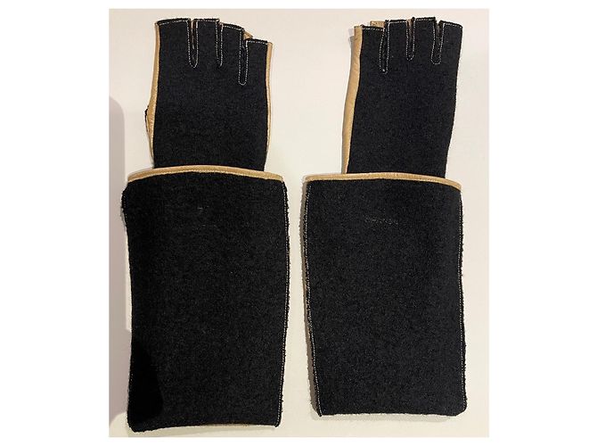 Lange zweifarbige Handschuhe oder Fäustlinge aus Leder + Wolle Gr. 7 Chanel Schwarz Beige - Ansicht 11