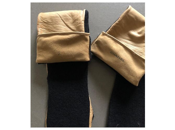 Lange zweifarbige Handschuhe oder Fäustlinge aus Leder + Wolle Gr. 7 Chanel Schwarz Beige - Ansicht 12