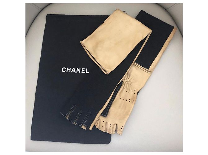 Lange zweifarbige Handschuhe oder Fäustlinge aus Leder + Wolle Gr. 7 Chanel Schwarz Beige - Ansicht 13