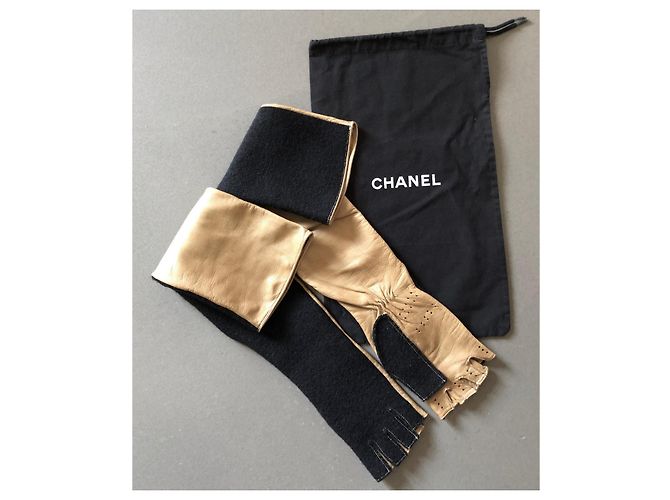 Lange zweifarbige Handschuhe oder Fäustlinge aus Leder + Wolle Gr. 7 Chanel Schwarz Beige - Ansicht 14