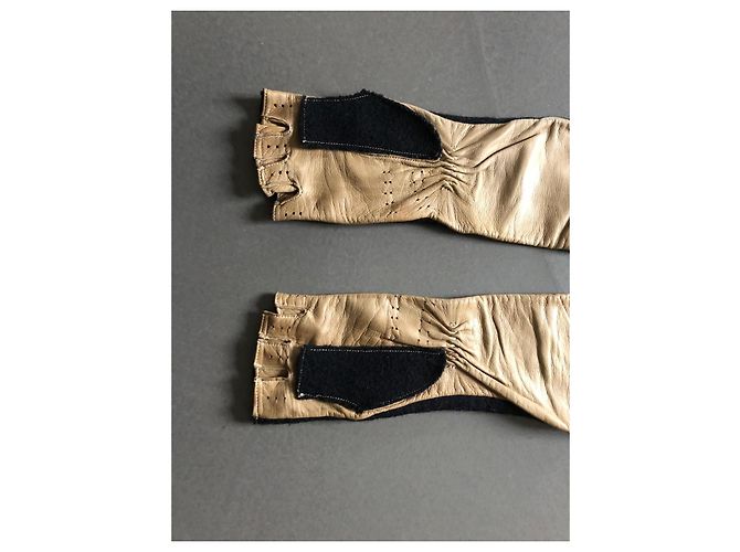 Lange zweifarbige Handschuhe oder Fäustlinge aus Leder + Wolle Gr. 7 Chanel Schwarz Beige - Ansicht 15