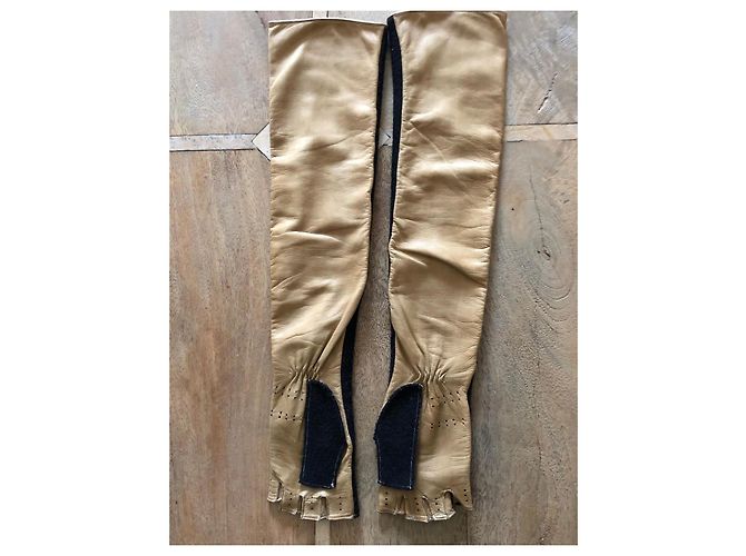 Lange zweifarbige Handschuhe oder Fäustlinge aus Leder + Wolle Gr. 7 Chanel Schwarz Beige - Ansicht 2