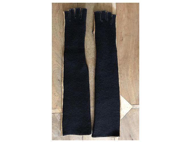 Lange zweifarbige Handschuhe oder Fäustlinge aus Leder + Wolle Gr. 7 Chanel Schwarz Beige - Ansicht 3