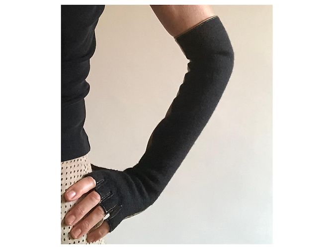 Lange zweifarbige Handschuhe oder Fäustlinge aus Leder + Wolle Gr. 7 Chanel Schwarz Beige - Ansicht 4