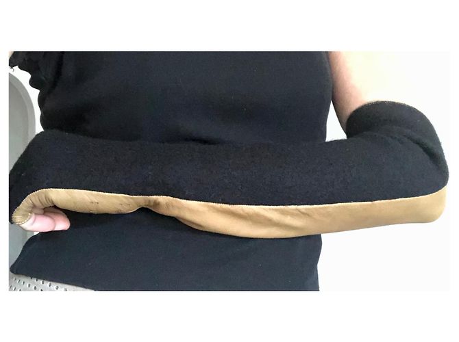 Lange zweifarbige Handschuhe oder Fäustlinge aus Leder + Wolle Gr. 7 Chanel Schwarz Beige - Ansicht 5