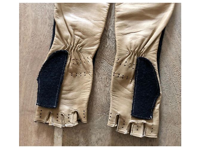 Lange zweifarbige Handschuhe oder Fäustlinge aus Leder + Wolle Gr. 7 Chanel Schwarz Beige - Ansicht 7