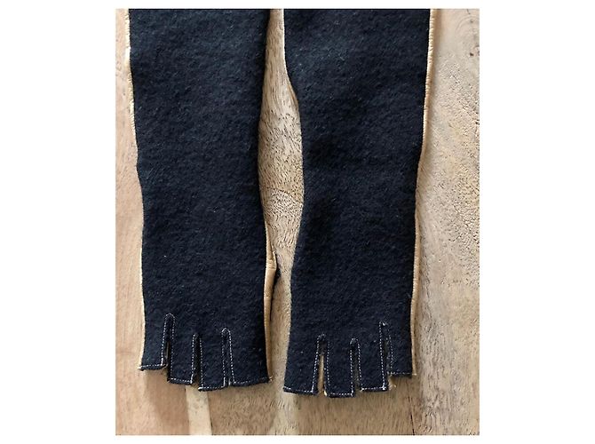 Lange zweifarbige Handschuhe oder Fäustlinge aus Leder + Wolle Gr. 7 Chanel Schwarz Beige - Ansicht 8