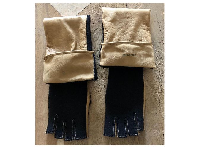 Lange zweifarbige Handschuhe oder Fäustlinge aus Leder + Wolle Gr. 7 Chanel Schwarz Beige - Ansicht 9