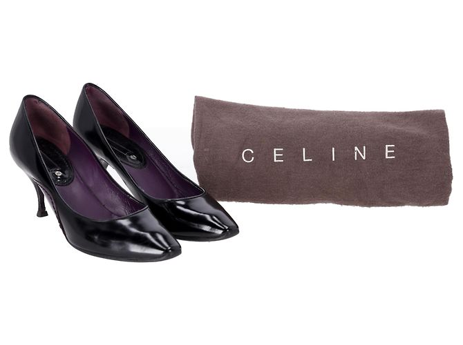 Céline Zapatos de tacón kitten de punta almendrada en cuero negro Celine - vista 14