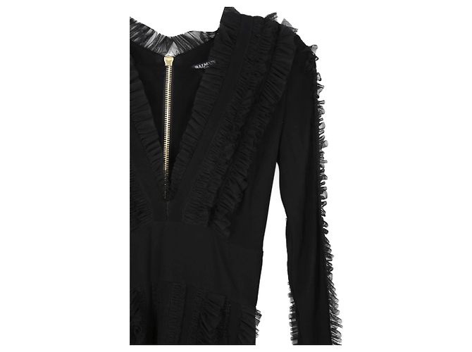 Vestido mini preto de viscose Balmain com babados de tule, decote em V e mangas longas - vista 2